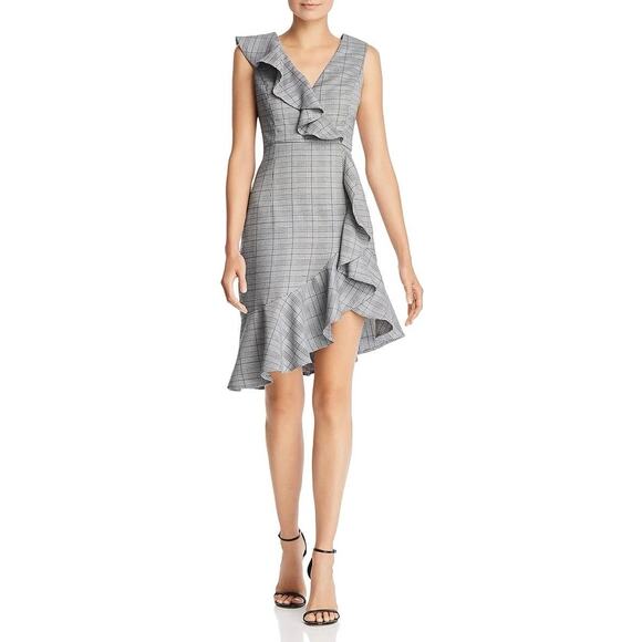 Aqua Gray Plaid Tartan Sleeveless Ruffle Asymmetric V Neck Mini Sheath Dress S - Picture 1 of 4